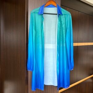 Color block mesh blue/ green cover up shirt, size medium/ large